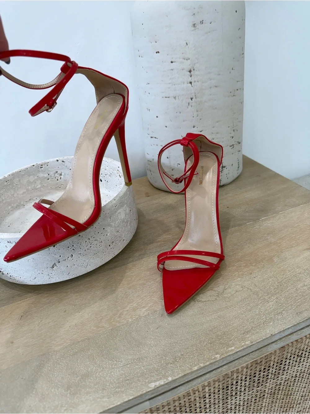 Rare Find PrettyLittleThing Red Strappy Ankle-Tie Pointed Pumps